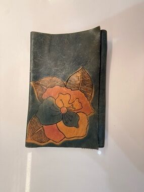 Hand-Painted Floral Leather Journal Cover in Teal and Mustard